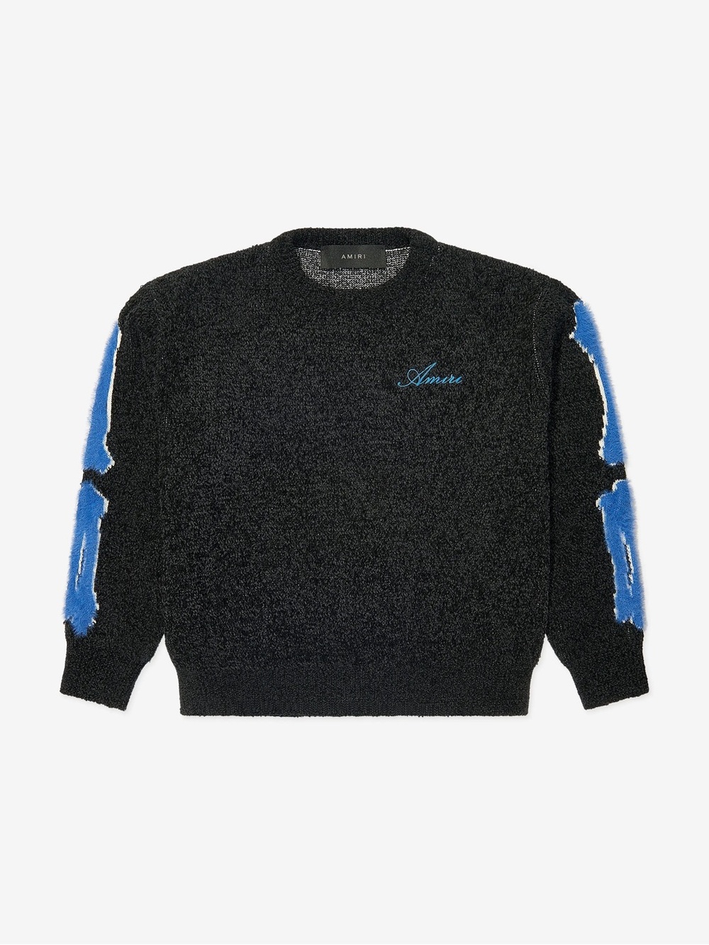 AMIRI Black Crewneck Sweater with Blue Sleeve Accents